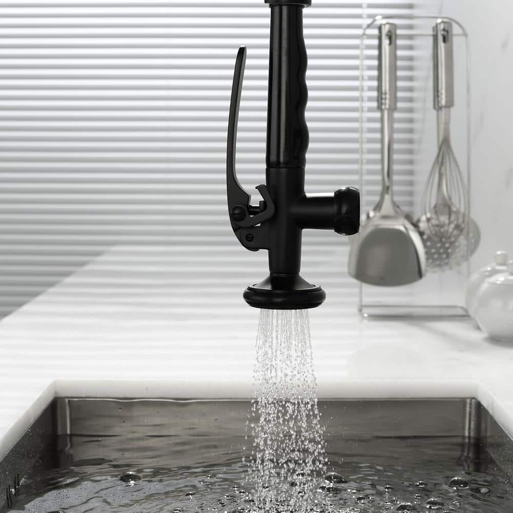  Double Handle Gooseneck Pull Down Sprayer Kitchen Faucet In Matte Black