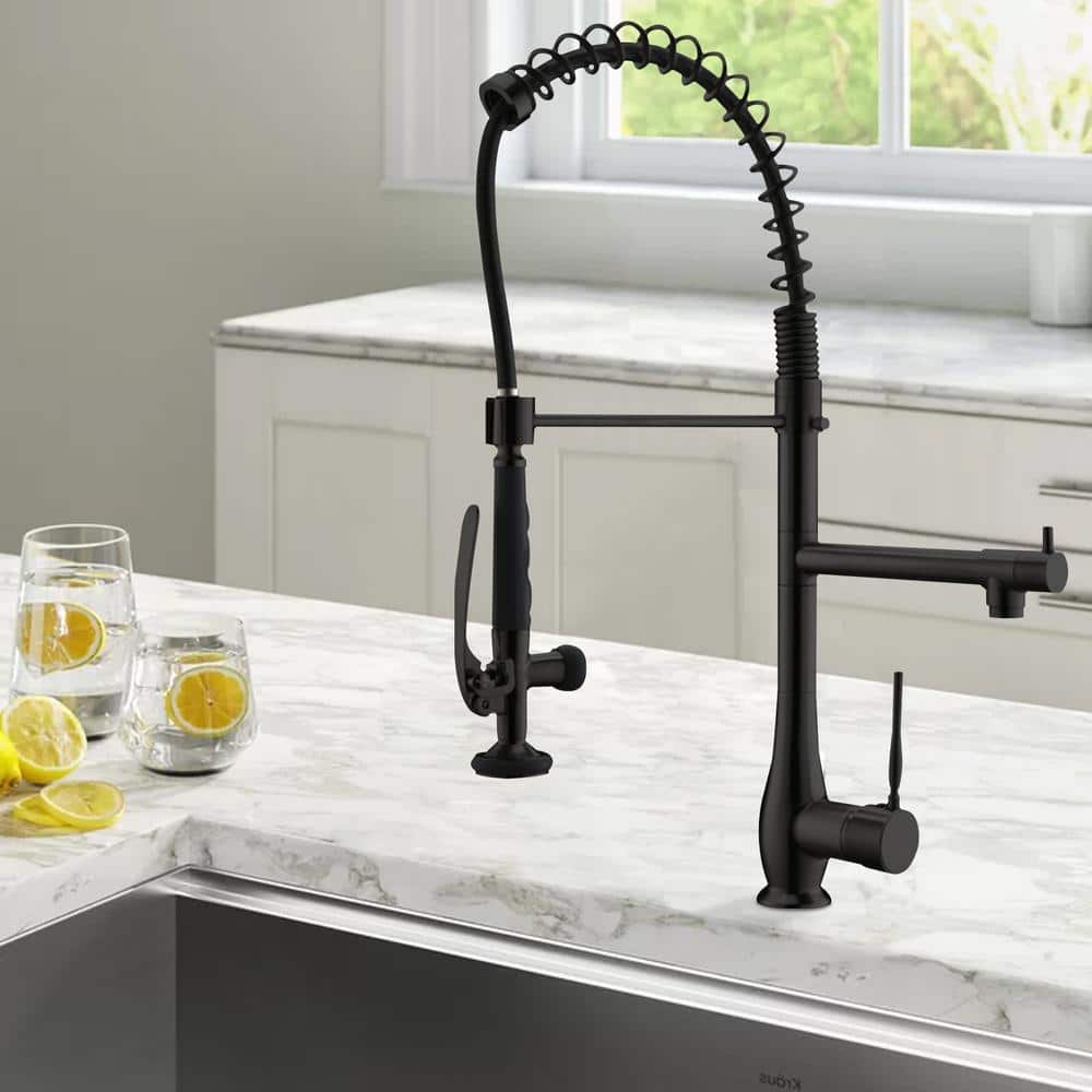  Double Handle Gooseneck Pull Down Sprayer Kitchen Faucet In Matte Black