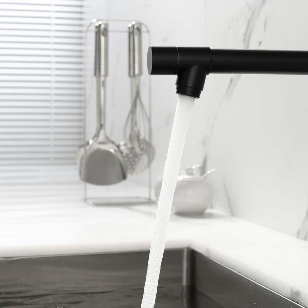  Double Handle Gooseneck Pull Down Sprayer Kitchen Faucet In Matte Black