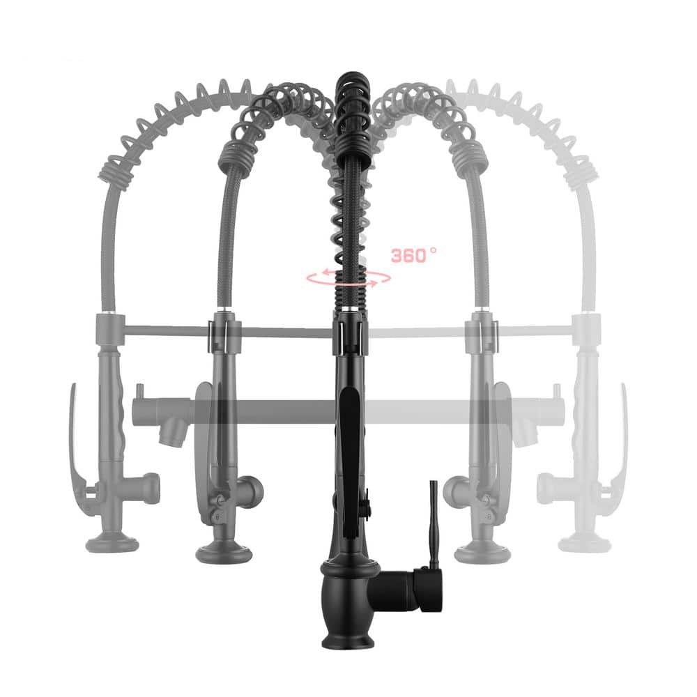  Double Handle Gooseneck Pull Down Sprayer Kitchen Faucet In Matte Black