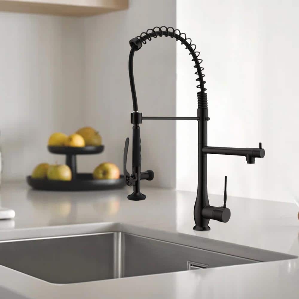 Double Handle Gooseneck Pull Down Sprayer Kitchen Faucet In Matte Black