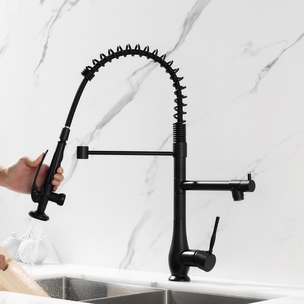  Double Handle Gooseneck Pull Down Sprayer Kitchen Faucet In Matte Black
