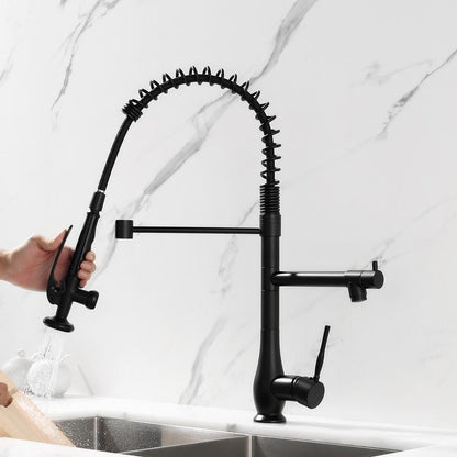  Double Handle Gooseneck Pull Down Sprayer Kitchen Faucet In Matte Black