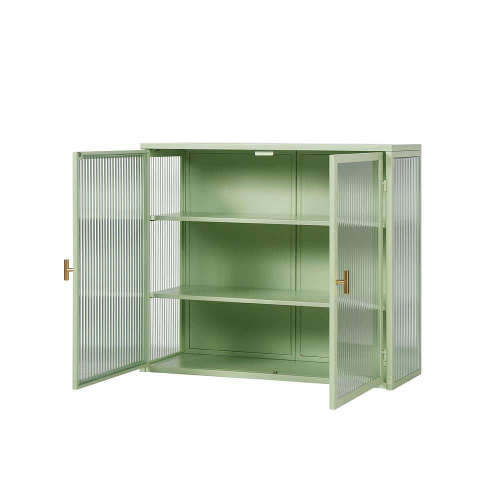  Modern Mint Green 3-Tier 2-Door Wall Cabinet With Glass Doors, 27.56 In. Ideal For Multiple Rooms