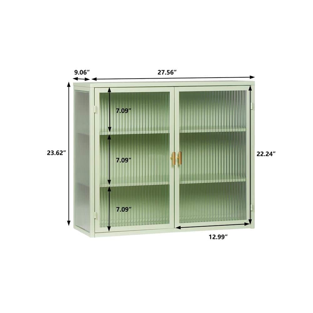  Modern Mint Green 3-Tier 2-Door Wall Cabinet With Glass Doors, 27.56 In. Ideal For Multiple Rooms