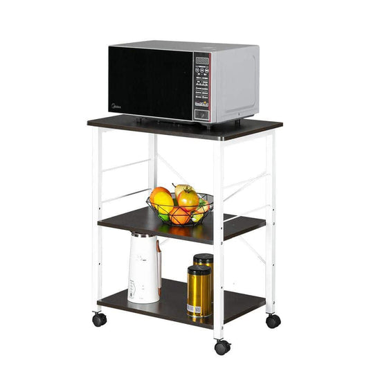  3-Tier White P2 MDF Microwave Cart With Black Board Top And Wheel