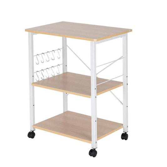  3-Tier White P2 MDF Microwave Cart With Vintage Board Top And Wheel