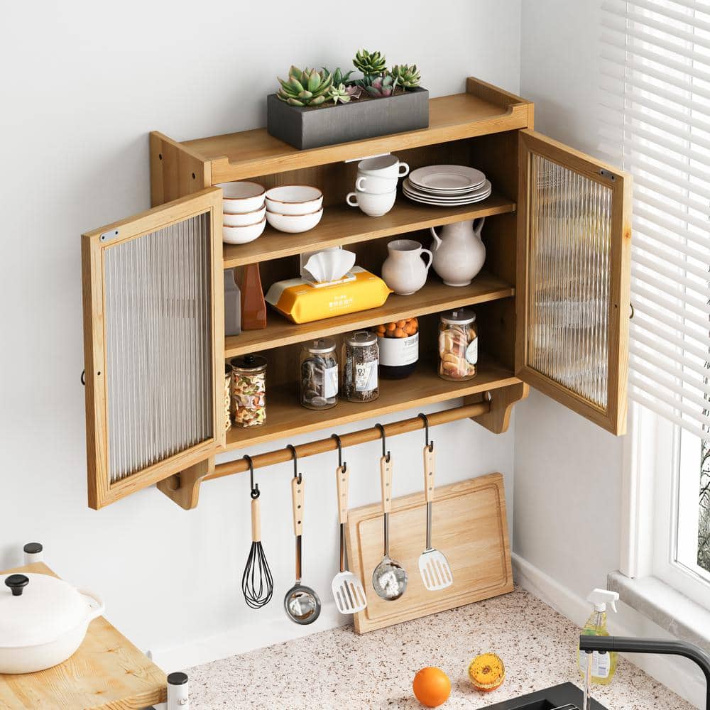  Vintage Glass Door Wall Cabinet With Storage & Towel Rack In Natural