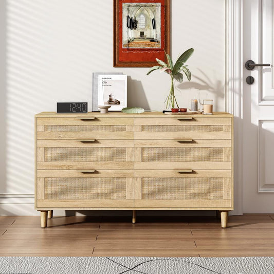  Natural Rattan 6-Drawer Dresser-Versatile Storage For Home
