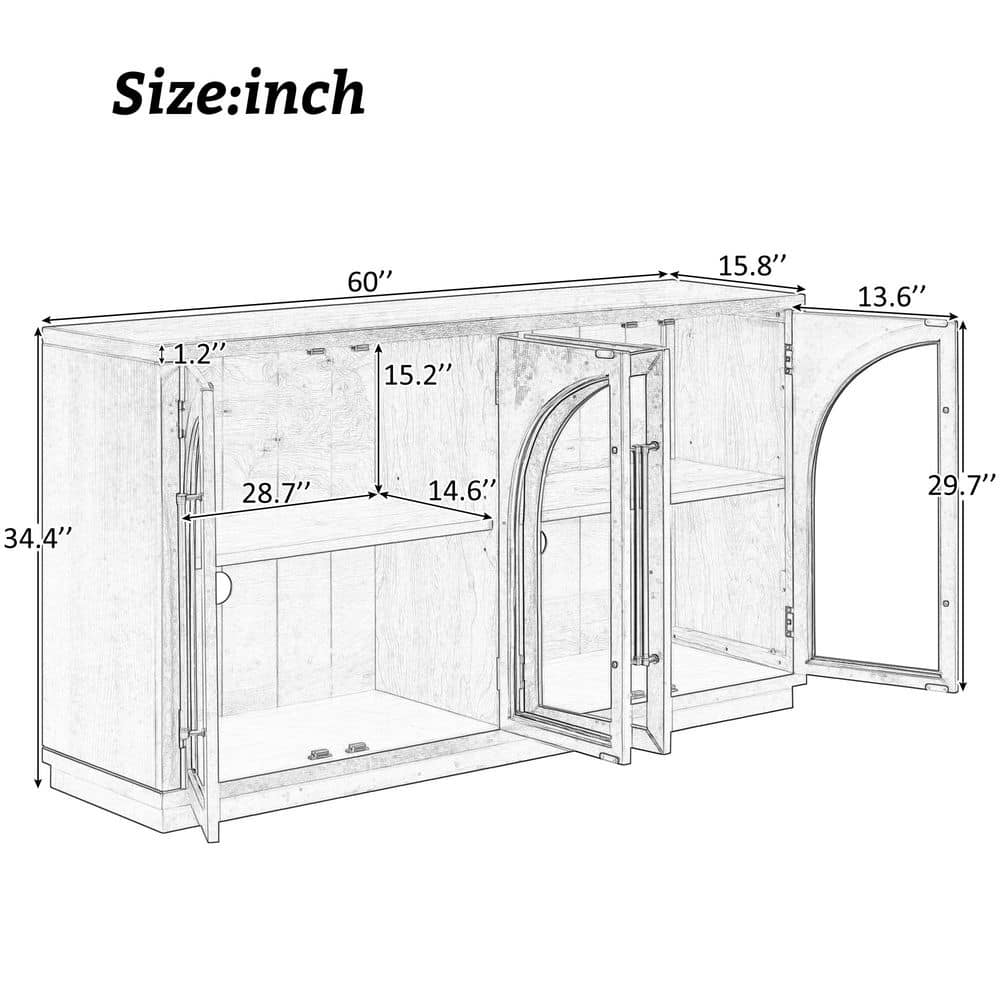  4-Door Large Storage Buffet: Glass Doors, Arched Design In Natural Wood