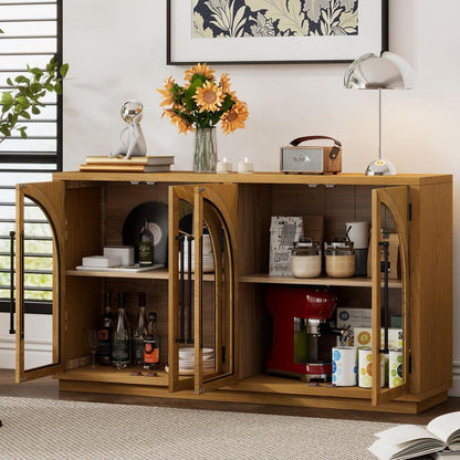  4-Door Large Storage Buffet: Glass Doors, Arched Design In Natural Wood
