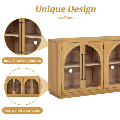  4-Door Large Storage Buffet: Glass Doors, Arched Design In Natural Wood