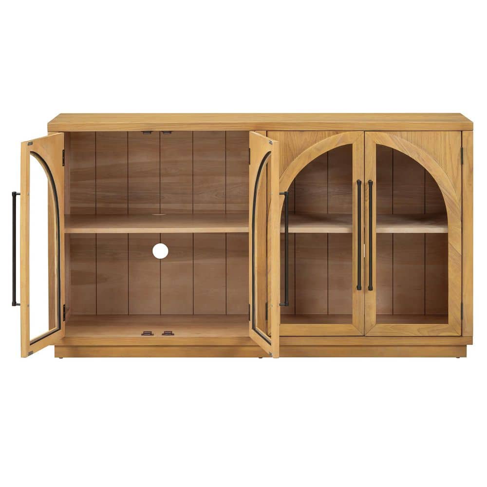  4-Door Large Storage Buffet: Glass Doors, Arched Design In Natural Wood
