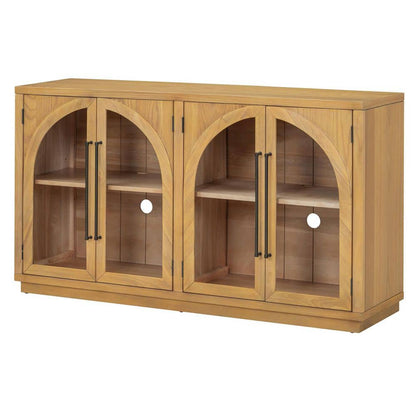  4-Door Large Storage Buffet: Glass Doors, Arched Design In Natural Wood