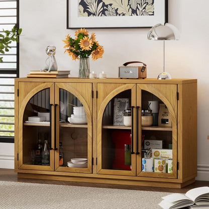  4-Door Large Storage Buffet: Glass Doors, Arched Design In Natural Wood
