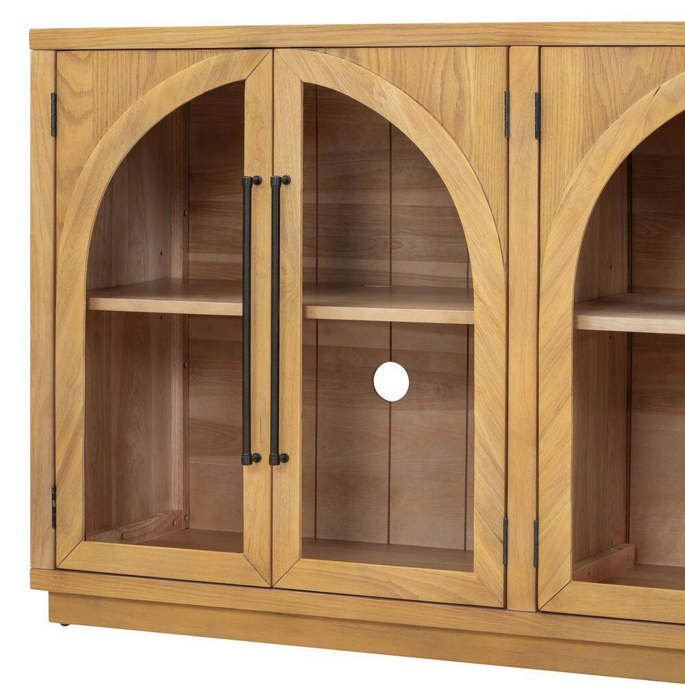  4-Door Large Storage Buffet: Glass Doors, Arched Design In Natural Wood