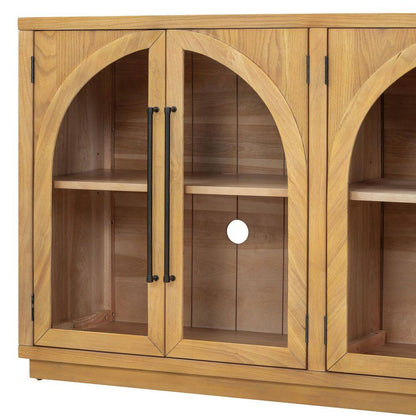  4-Door Large Storage Buffet: Glass Doors, Arched Design In Natural Wood