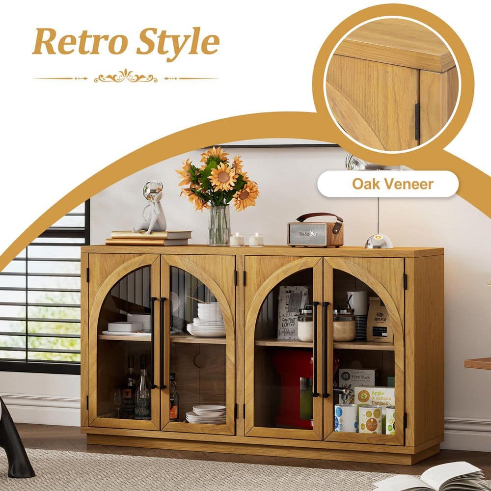  4-Door Large Storage Buffet: Glass Doors, Arched Design In Natural Wood