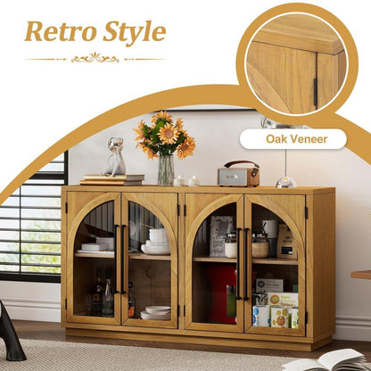  4-Door Large Storage Buffet: Glass Doors, Arched Design In Natural Wood