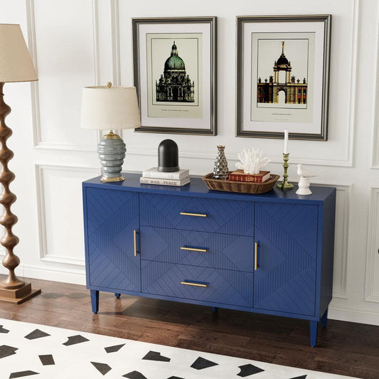  Functional 2-Door 3-Drawer Cabinet With Carved Effect, For Bedroom, Living Room, Office, Easy Assembly, Navy Blue