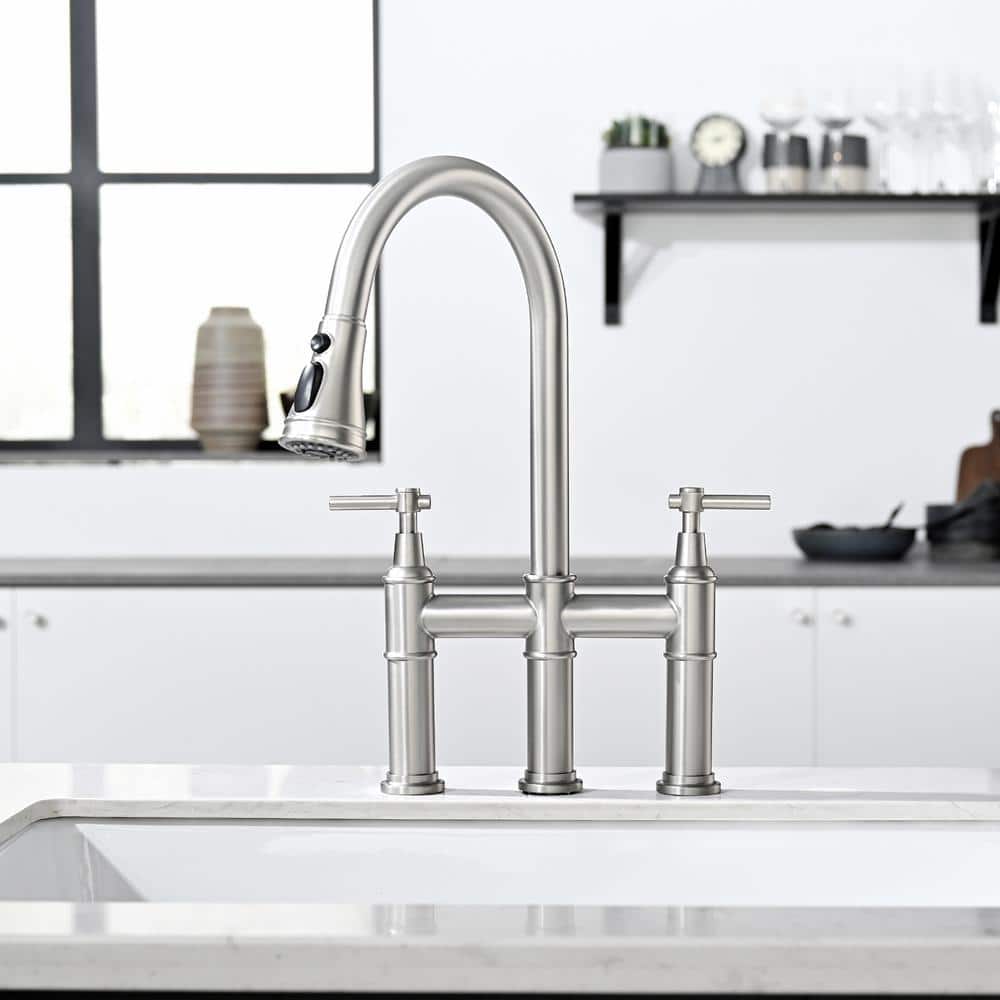  Double Handle Bridge Kitchen Faucet In Nickel
