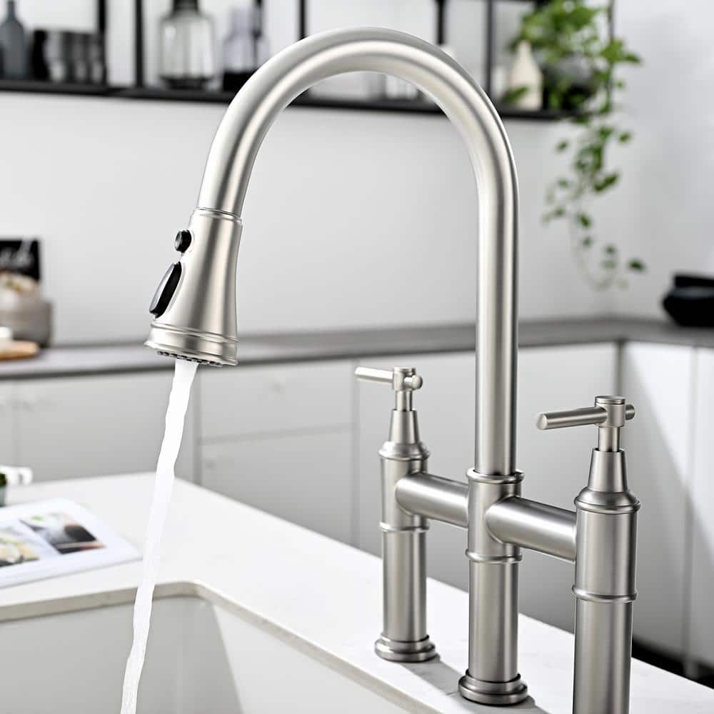  Double Handle Bridge Kitchen Faucet In Nickel