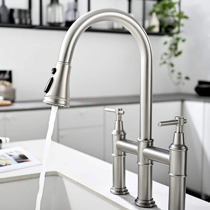  Double Handle Bridge Kitchen Faucet In Nickel