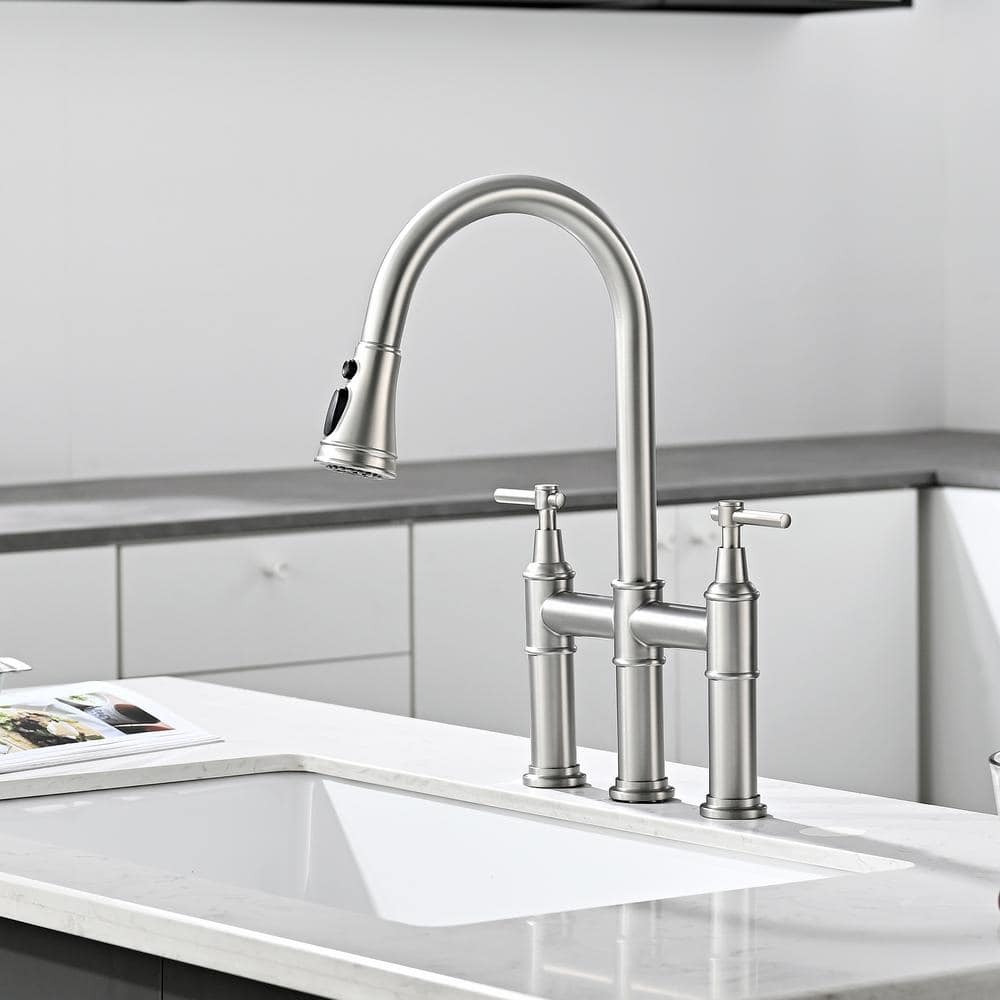  Double Handle Bridge Kitchen Faucet In Nickel