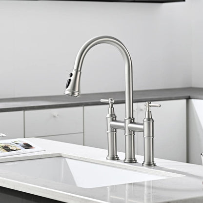  Double Handle Bridge Kitchen Faucet In Nickel