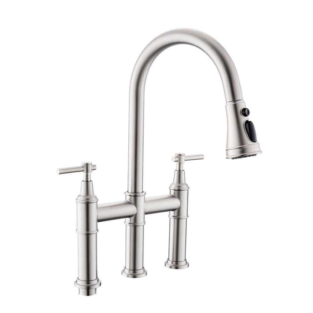  Double Handle Bridge Kitchen Faucet In Nickel