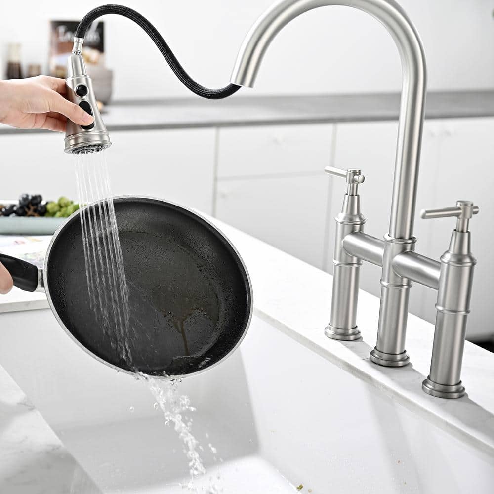  Double Handle Bridge Kitchen Faucet In Nickel