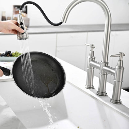  Double Handle Bridge Kitchen Faucet In Nickel