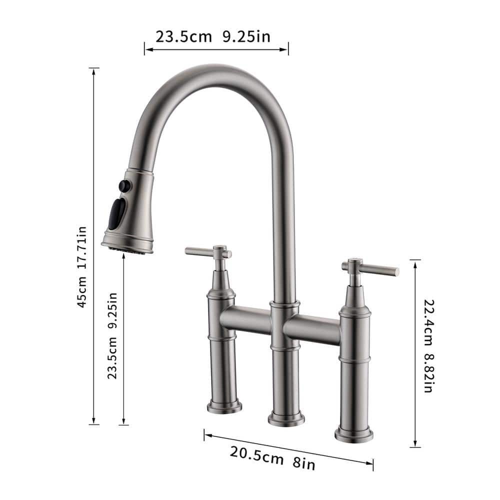  Double Handle Bridge Kitchen Faucet In Nickel