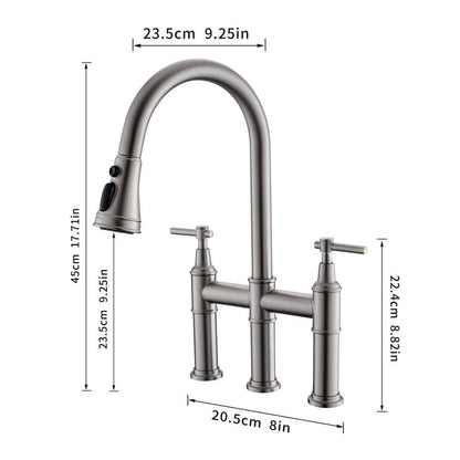  Double Handle Bridge Kitchen Faucet In Nickel