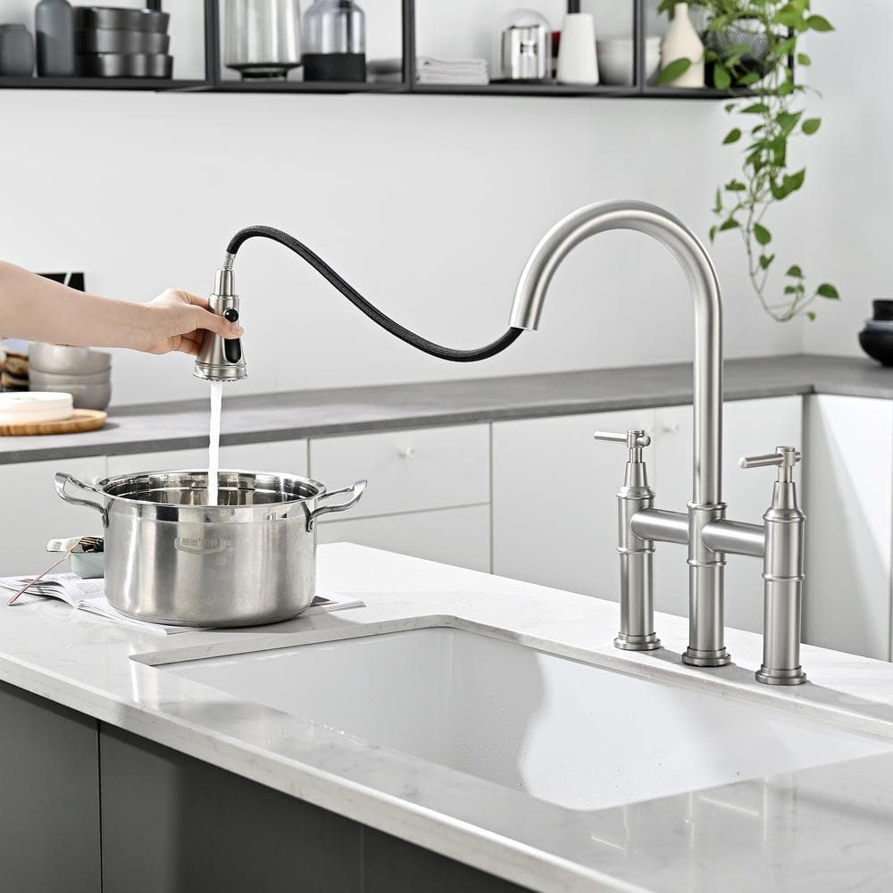  Double Handle Bridge Kitchen Faucet In Nickel