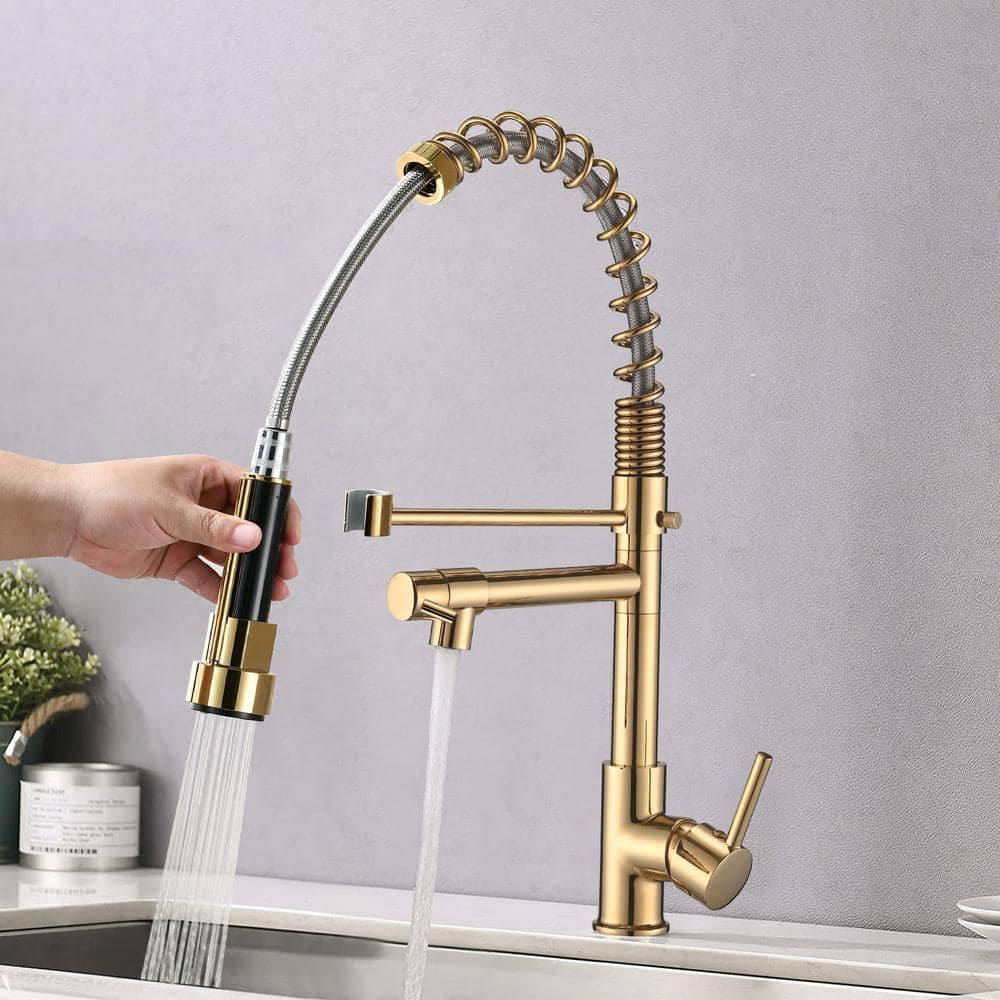  Single Handle Pull Down Sprayer Kitchen Faucet In Polished Gold