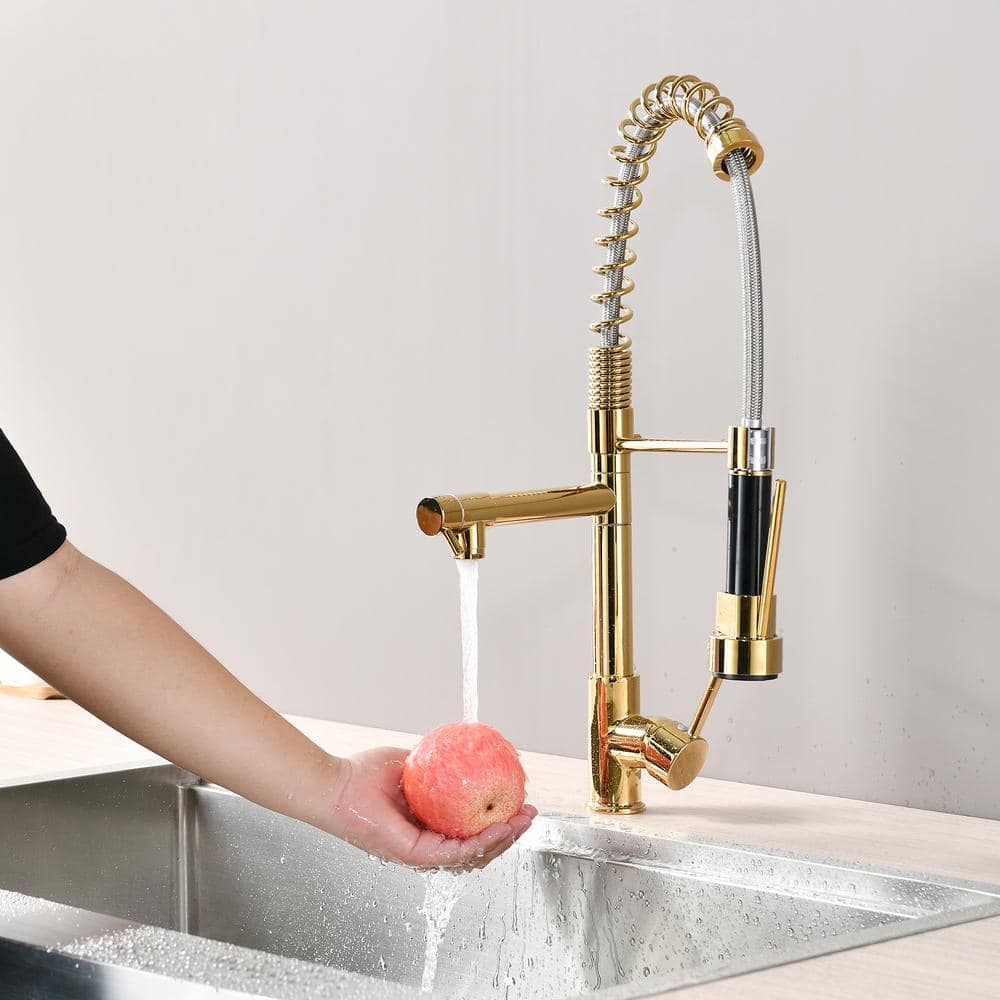  Single Handle Pull Down Sprayer Kitchen Faucet In Polished Gold