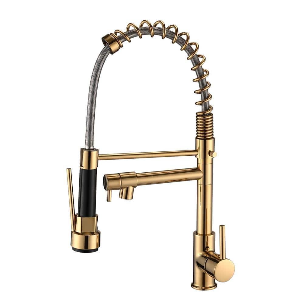  Single Handle Pull Down Sprayer Kitchen Faucet In Polished Gold