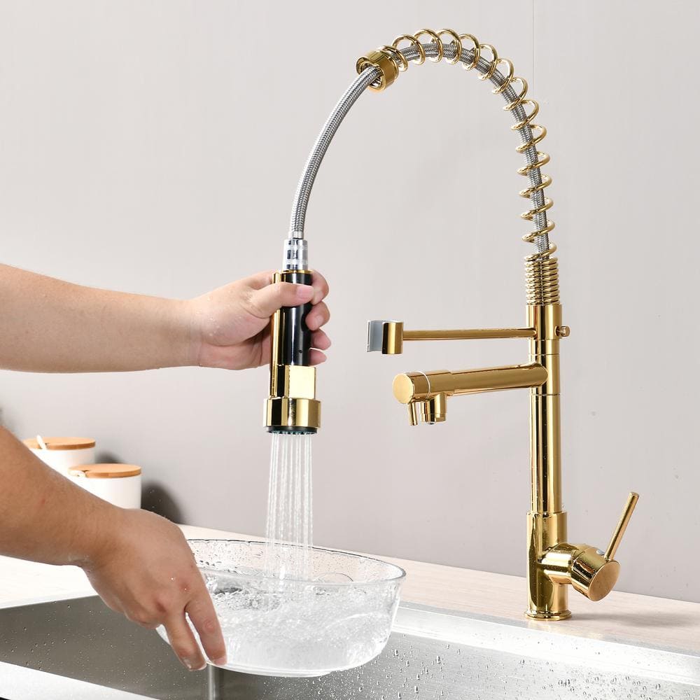  Single Handle Pull Down Sprayer Kitchen Faucet In Polished Gold