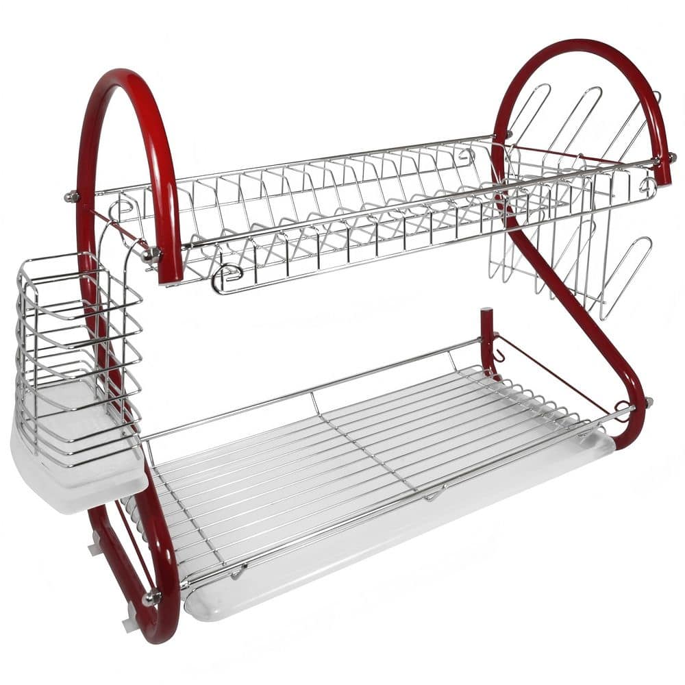  2-Tier Colored-Chrome Standing Dish Rack With Plastic Draining Tray, Mug Stand, And Cup Holder
