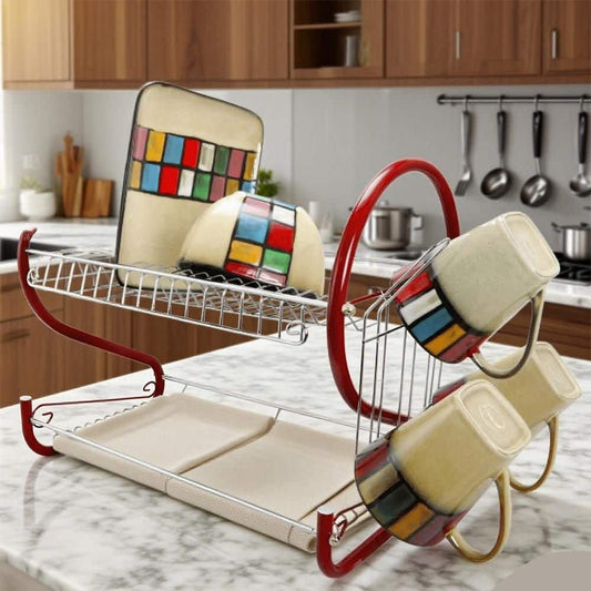  2-Tier Colored-Chrome Standing Dish Rack With Plastic Draining Tray, Mug Stand, And Cup Holder