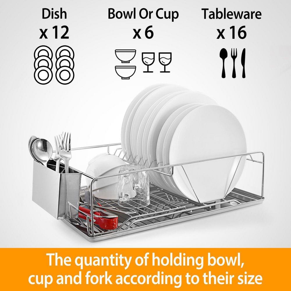  Silver Stainless Steel Standing Dish Rack With Drainboard For Kitchen Organize
