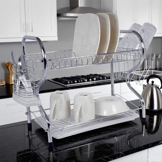  2-Tier Silver Chrome Standing Dish Rack With Plastic Draining Tray, Mug Stand, And Cutlery Holder
