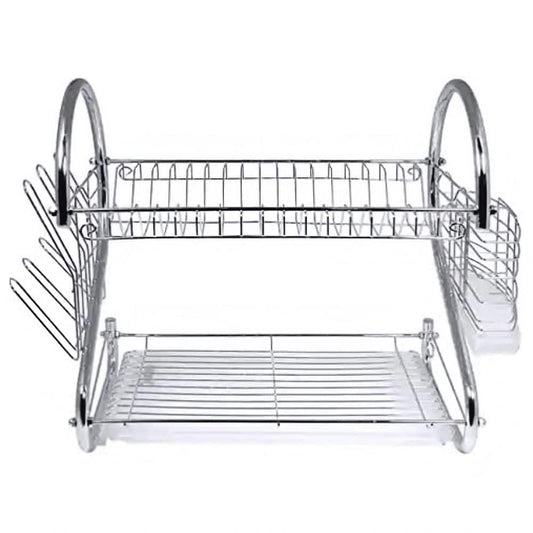  2 Tier Chrome S-Shaped Dish Rack With Side-Mounting Mug Stand And Cutlery Holder