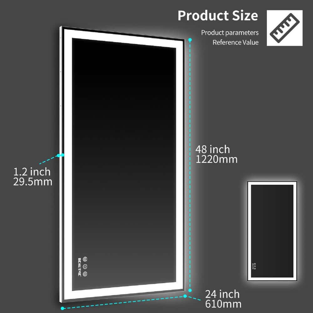  48 In. W X 24 In. H Framed Large Rectangular Aluminium Dimmable Wall Bathroom Vanity Mirror In Silver With LED Light