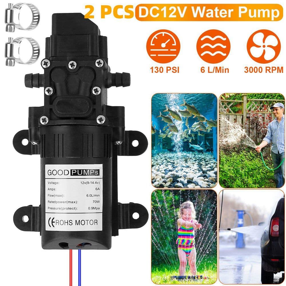  12V 70W Self-Priming Water Pump (130PSI, 6L/Min) With 2 Hose Clamps-For RV, Camper, Marine, Boat