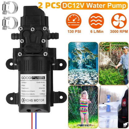  12V 70W Self-Priming Water Pump (130PSI, 6L/Min) With 2 Hose Clamps-For RV, Camper, Marine, Boat
