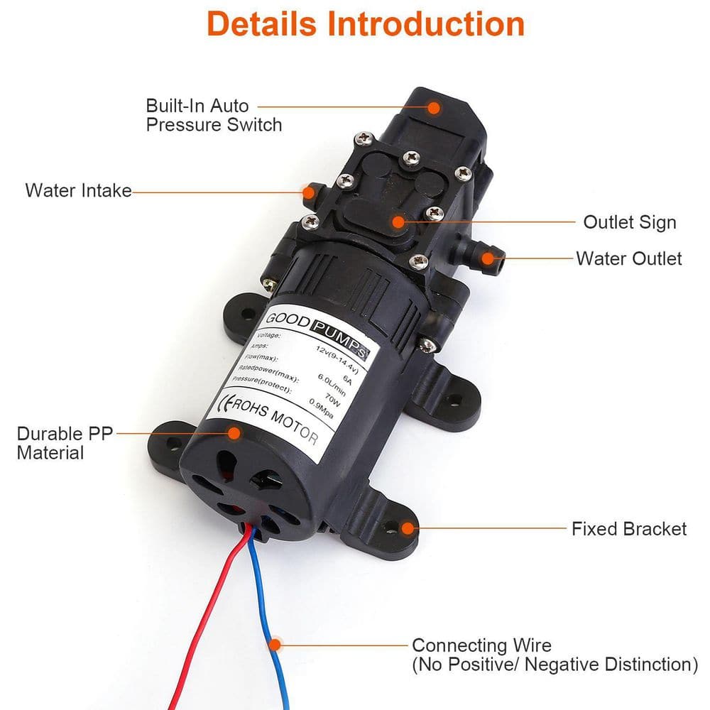  12V 70W Self-Priming Water Pump (130PSI, 6L/Min) With 2 Hose Clamps-For RV, Camper, Marine, Boat