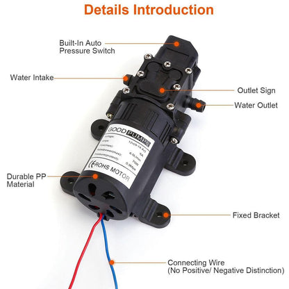  12V 70W Self-Priming Water Pump (130PSI, 6L/Min) With 2 Hose Clamps-For RV, Camper, Marine, Boat