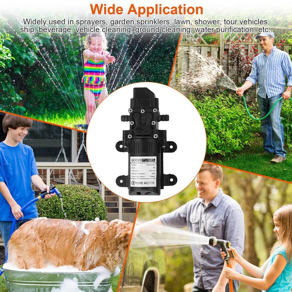  12V 70W Self-Priming Water Pump (130PSI, 6L/Min) With 2 Hose Clamps-For RV, Camper, Marine, Boat